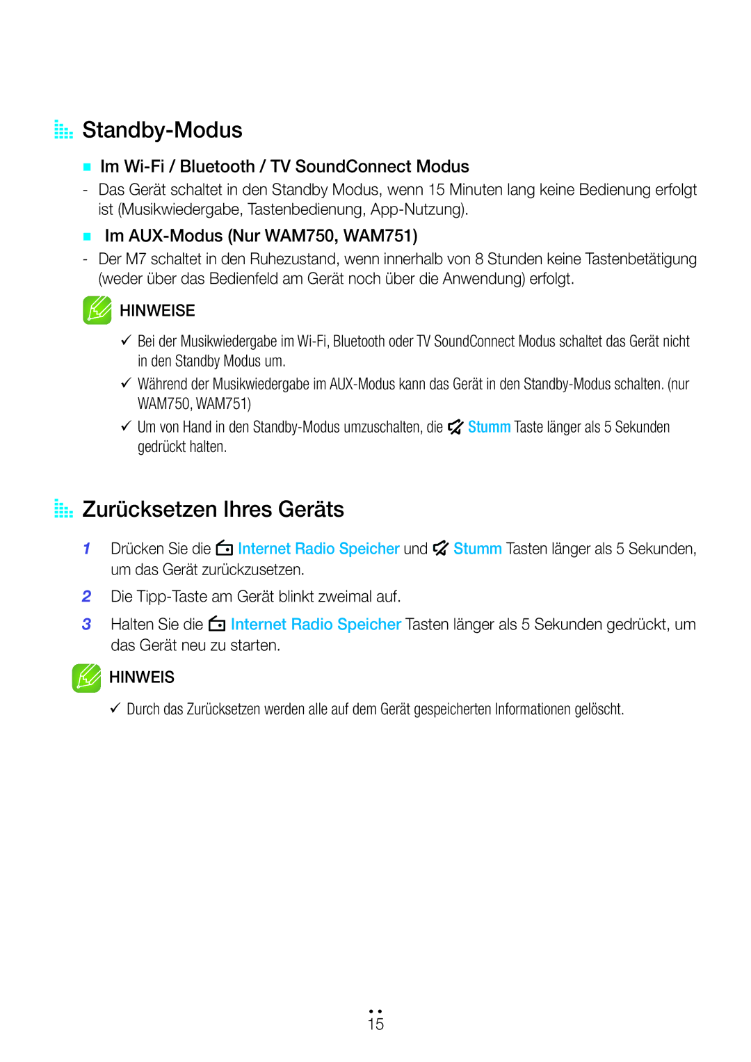 Samsung WAM550/EN manual AA Standby-Modus, AA Zurücksetzen Ihres Geräts, `` Im Wi-Fi / Bluetooth / TV SoundConnect Modus 