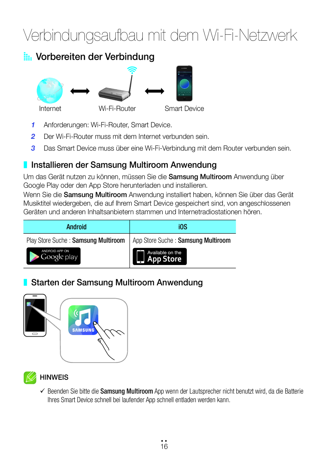 Samsung WAM350/EN manual AA Vorbereiten der Verbindung, Installieren der Samsung Multiroom Anwendung, Internet Wi-Fi-Router 