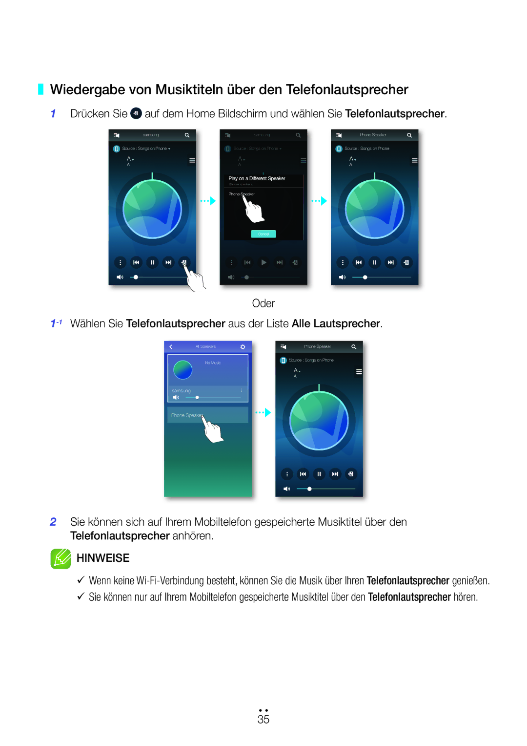 Samsung WAM350/ZF, WAM351/EN, WAM551/EN, WAM751/EN, WAM550/EN manual Wiedergabe von Musiktiteln über den Telefonlautsprecher 