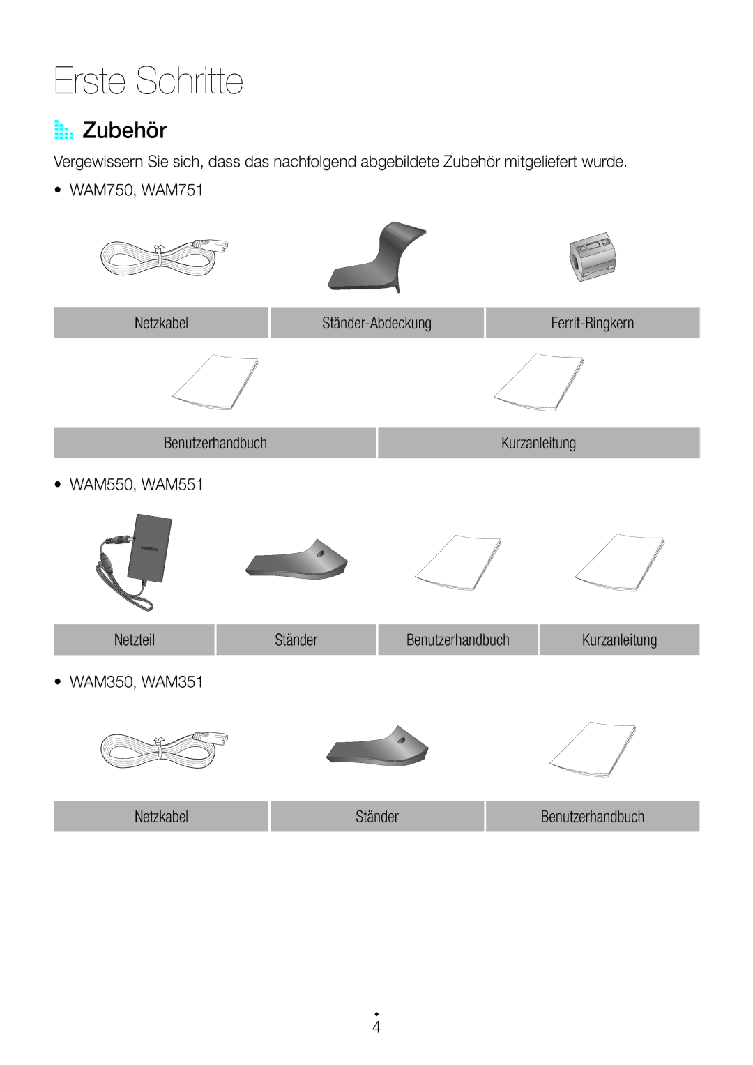 Samsung WAM350/EN, WAM351/EN, WAM551/EN, WAM751/EN, WAM550/EN, WAM750/EN, WAM551/ZF, WAM751/ZF manual Erste Schritte, AA Zubehör 