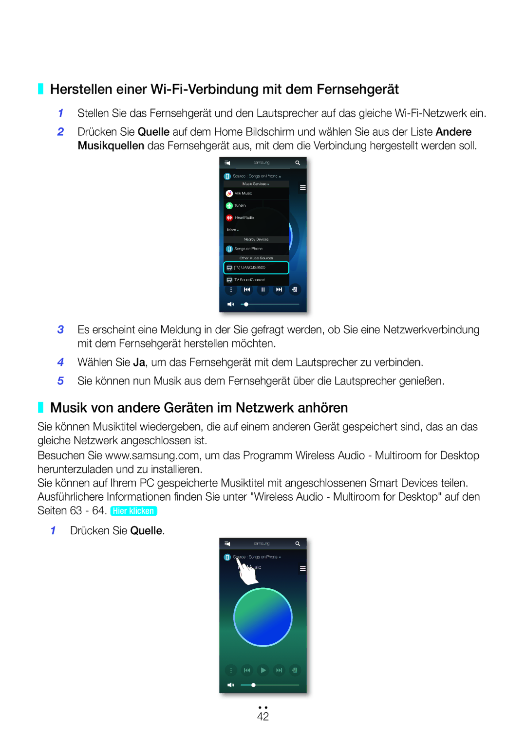Samsung WAM551/ZF Herstellen einer Wi-Fi-Verbindung mit dem Fernsehgerät, Musik von andere Geräten im Netzwerk anhören 