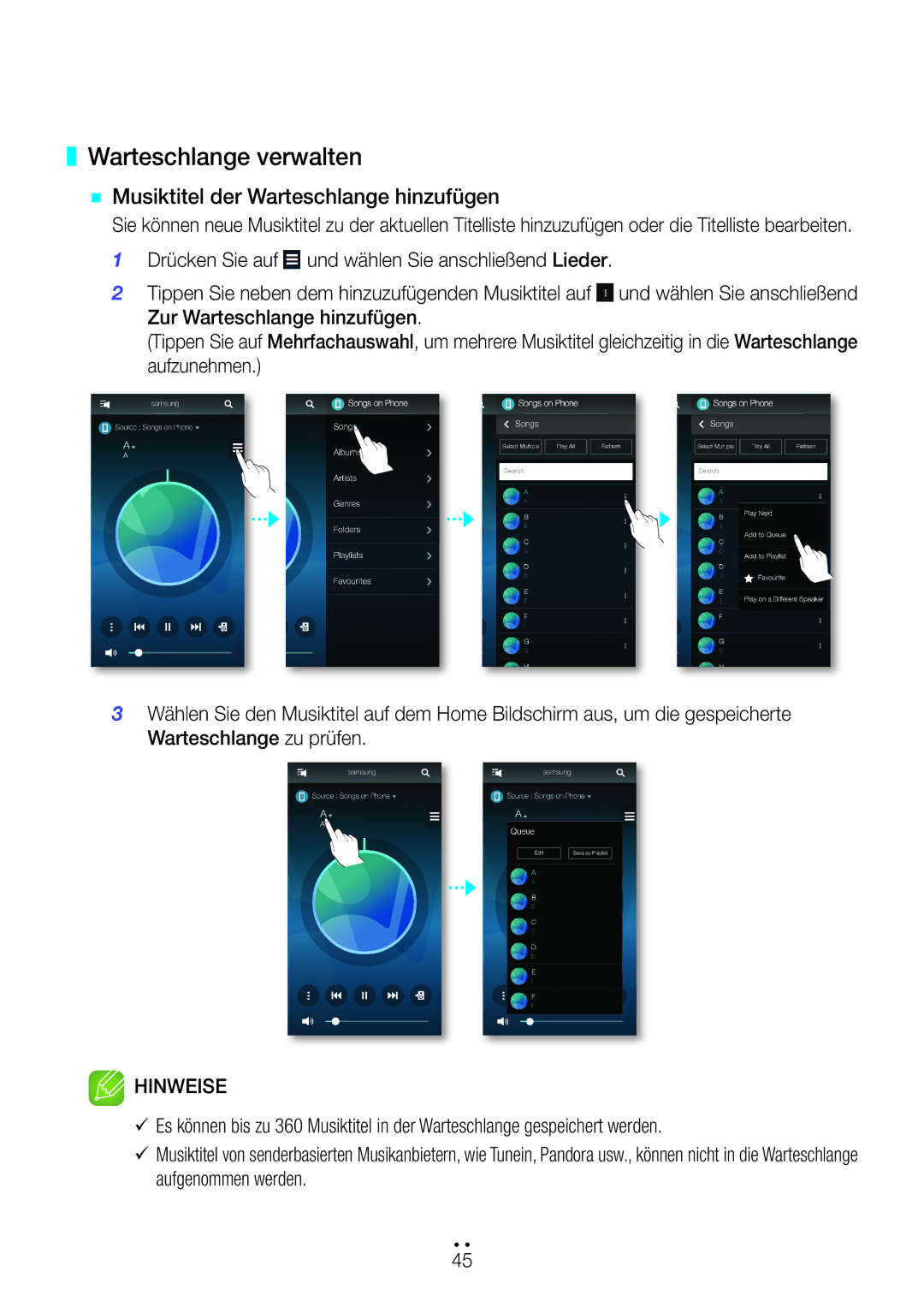 Samsung WAM351/ZF, WAM351/EN, WAM551/EN, WAM751/EN manual Warteschlange verwalten, `` Musiktitel der Warteschlange hinzufügen 