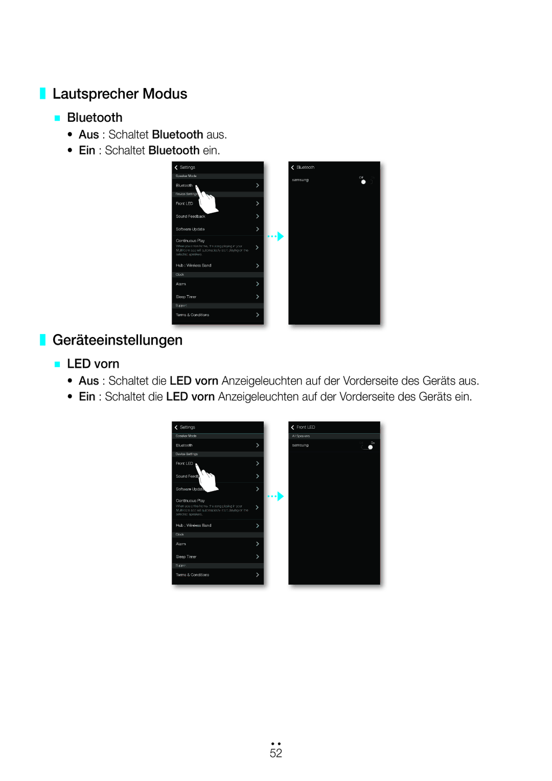 Samsung WAM350/EN, WAM351/EN, WAM551/EN, WAM751/EN manual Lautsprecher Modus, Geräteeinstellungen, `` Bluetooth, `` LED vorn 