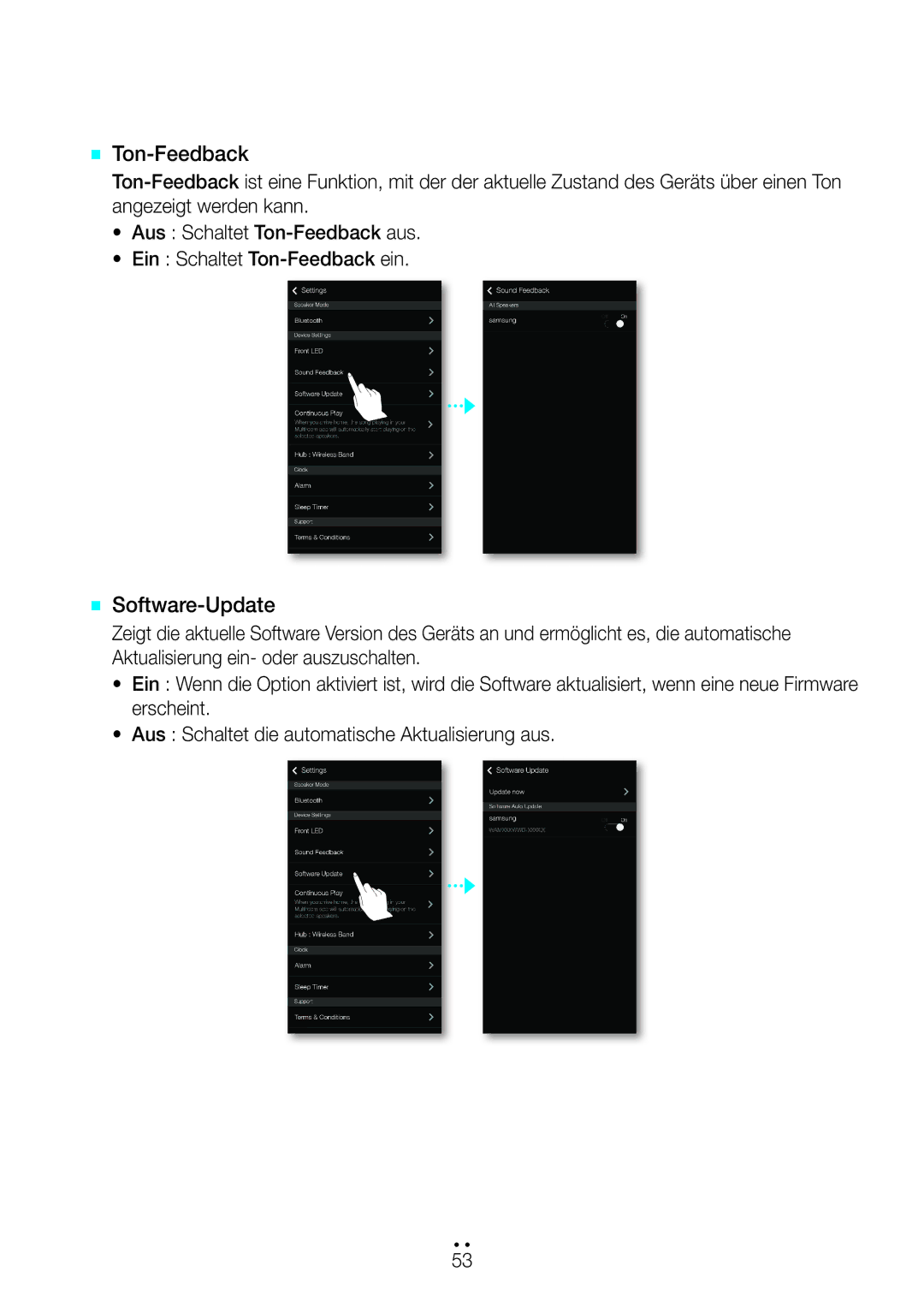 Samsung WAM750/EN, WAM351/EN, WAM551/EN, WAM751/EN, WAM550/EN, WAM350/EN, WAM551/ZF manual `` Ton-Feedback, `` Software-Update 