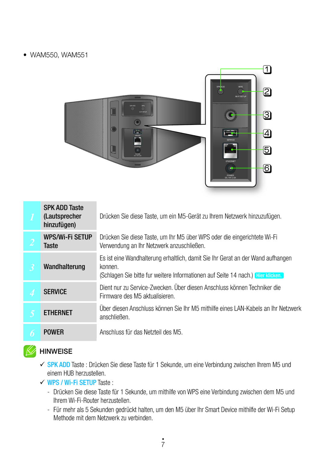 Samsung WAM751/ZF, WAM351/EN, WAM551/EN, WAM751/EN Konnen, Firmware des M5 aktualisieren, Anschluss für das Netzteil des M5 