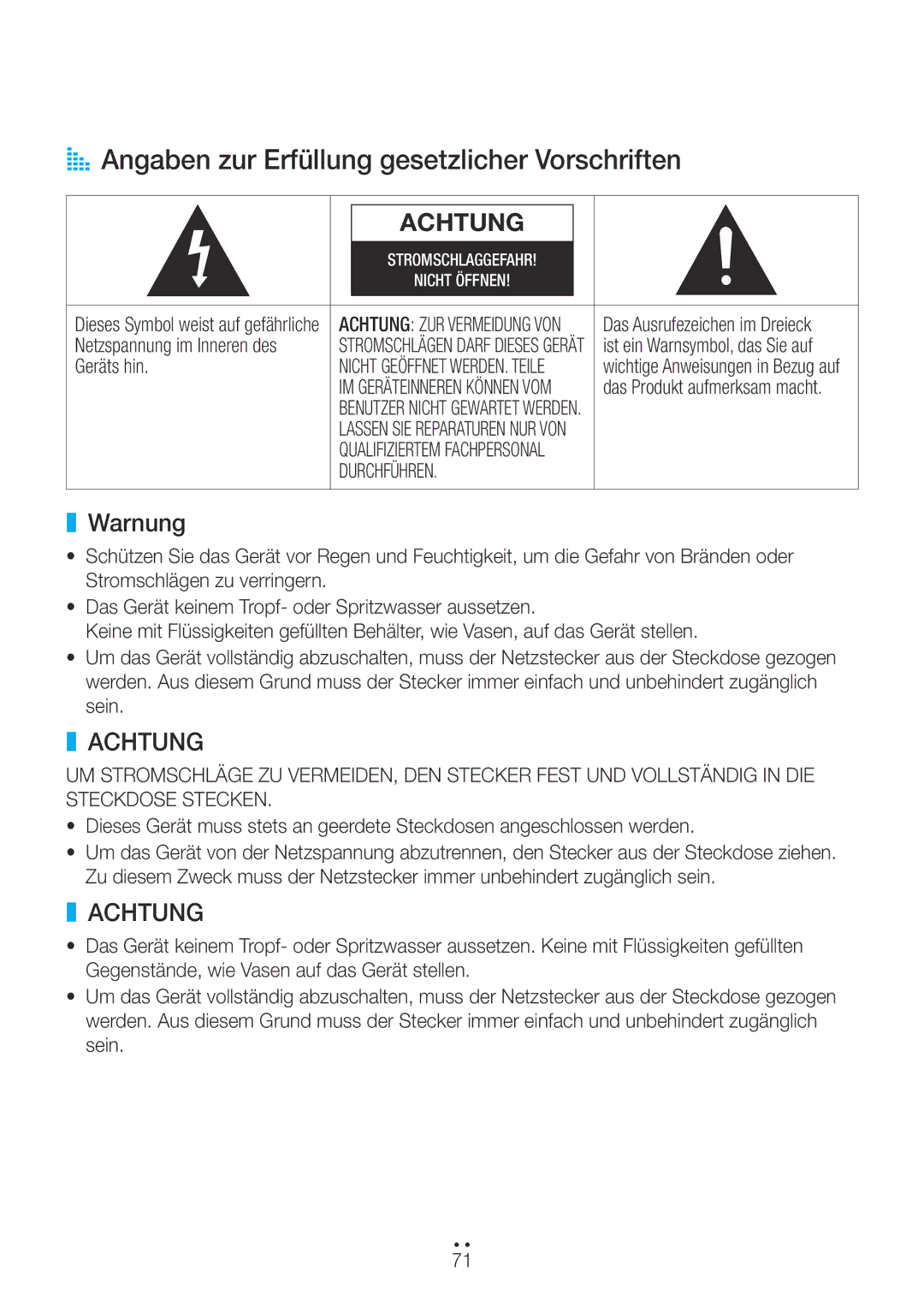 Samsung WAM350/ZF AA Angaben zur Erfüllung gesetzlicher Vorschriften, Warnung, Netzspannung im Inneren des, Geräts hin 