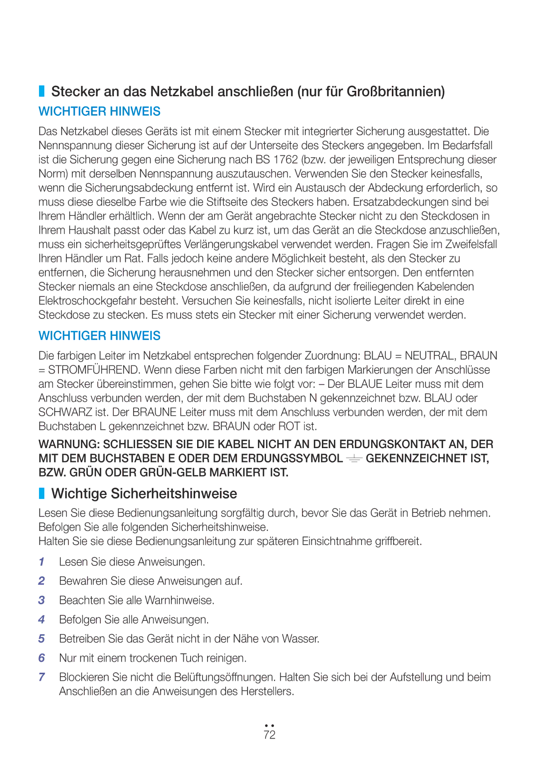 Samsung WAM351/EN, WAM551/EN Stecker an das Netzkabel anschließen nur für Großbritannien, Wichtige Sicherheitshinweise 