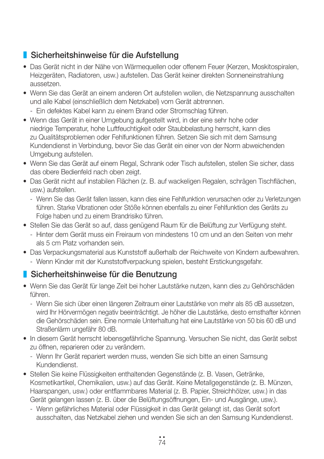 Samsung WAM751/EN, WAM351/EN, WAM551/EN manual Sicherheitshinweise für die Aufstellung, Sicherheitshinweise für die Benutzung 