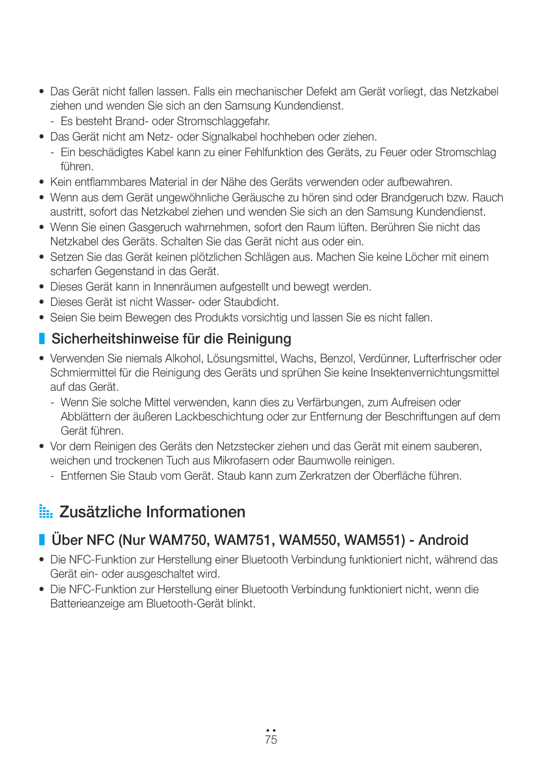 Samsung WAM550/EN, WAM351/EN, WAM551/EN, WAM751/EN manual AA Zusätzliche Informationen, Sicherheitshinweise für die Reinigung 