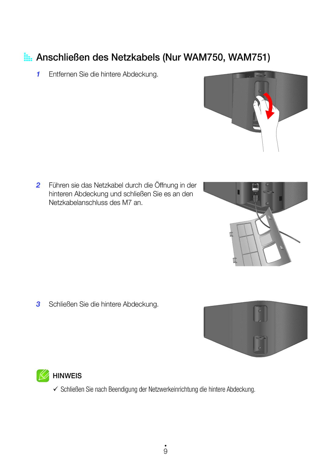 Samsung WAM351/ZF, WAM351/EN manual AA Anschließen des Netzkabels Nur WAM750, WAM751, Entfernen Sie die hintere Abdeckung 