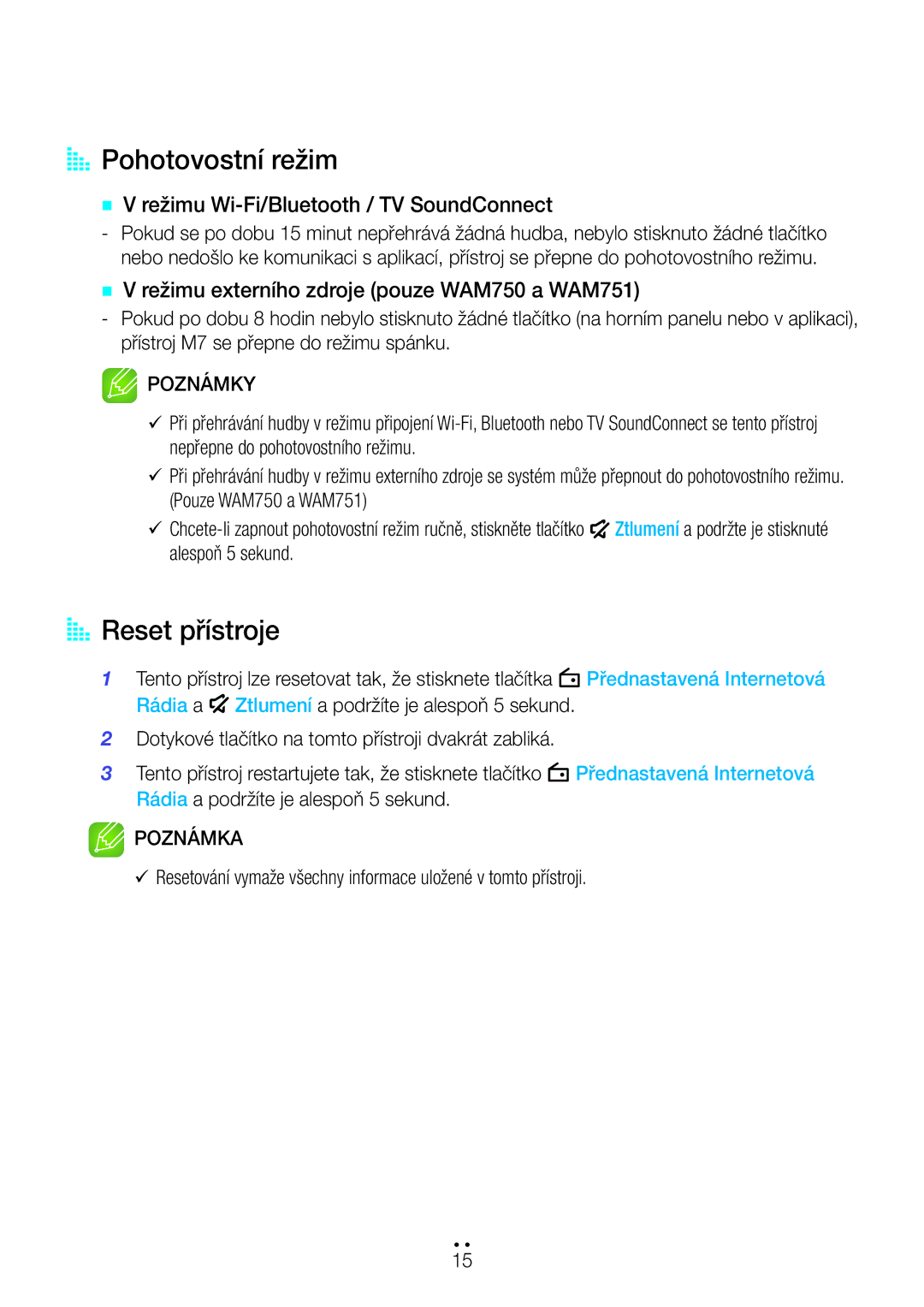 Samsung WAM750/EN, WAM351/EN manual AA Pohotovostní režim, AA Reset přístroje, `` V režimu Wi-Fi/Bluetooth / TV SoundConnect 