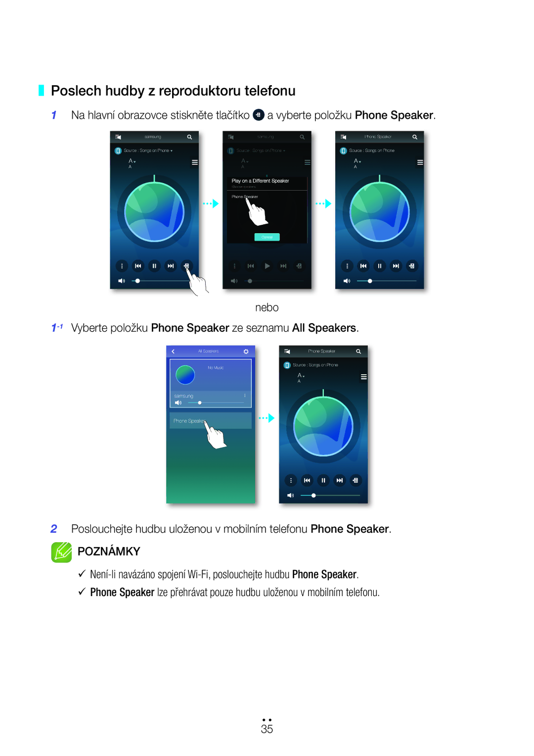 Samsung WAM750/EN, WAM351/EN, WAM551/EN, WAM751/EN, WAM550/EN, WAM350/EN, WAM750/XN manual Poslech hudby z reproduktoru telefonu 