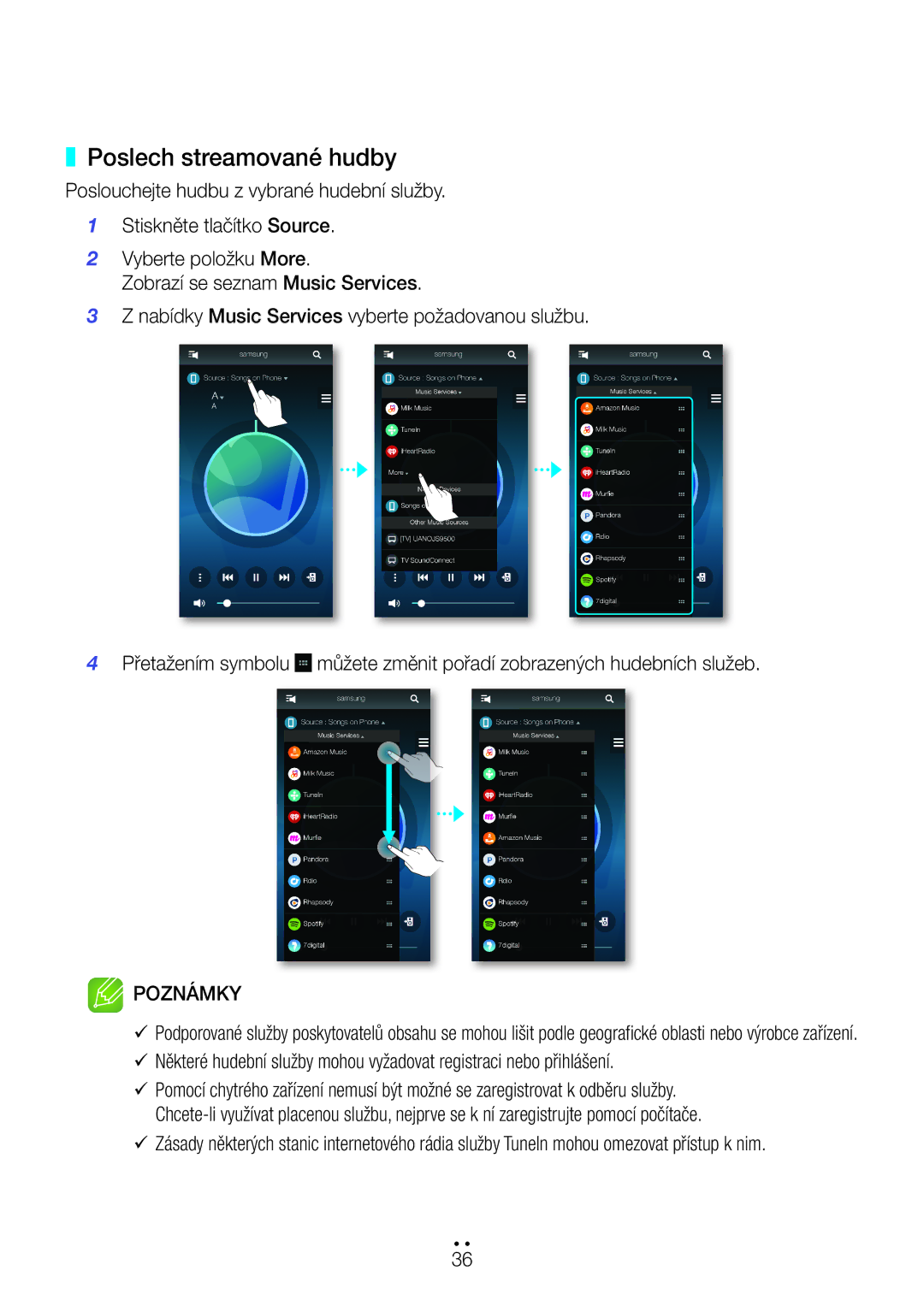 Samsung WAM750/XN, WAM351/EN, WAM551/EN, WAM751/EN, WAM550/EN, WAM350/EN, WAM750/EN, WAM550/XN manual Poslech streamované hudby 