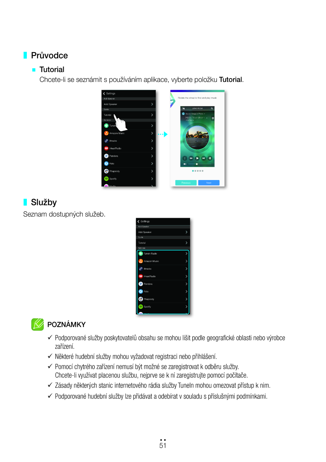 Samsung WAM551/EN, WAM351/EN, WAM751/EN, WAM550/EN, WAM350/EN manual Průvodce, Služby, `` Tutorial, Seznam dostupných služeb 