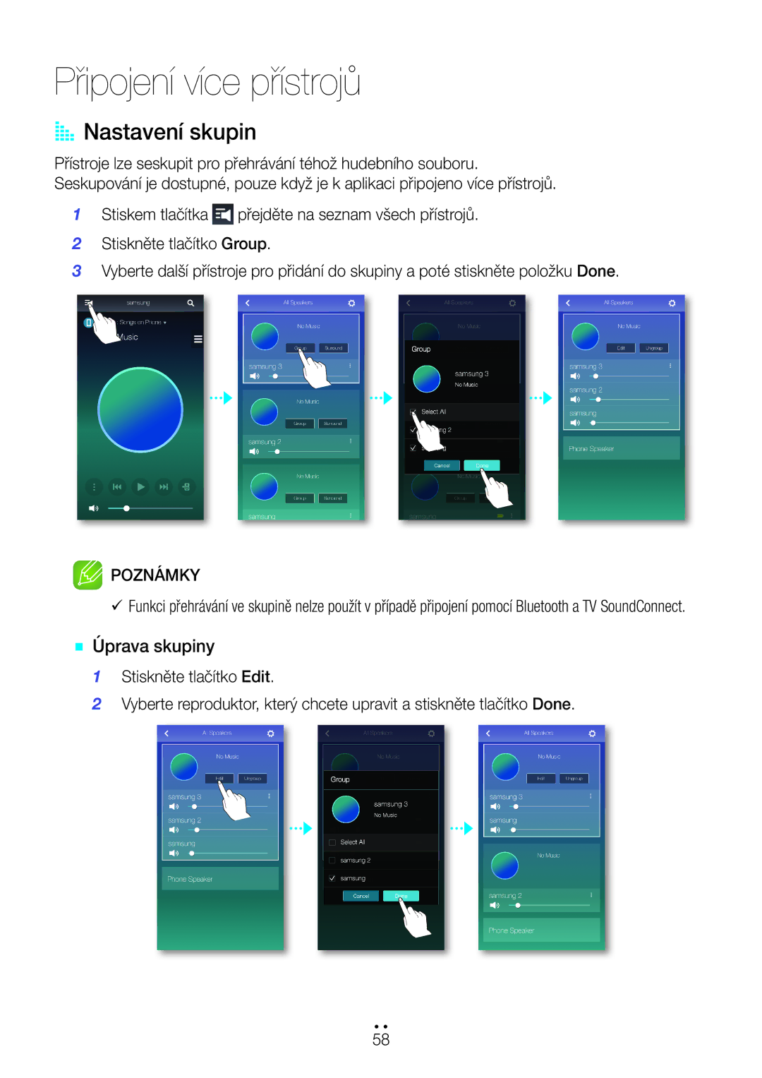 Samsung WAM551/XN, WAM351/EN, WAM551/EN, WAM751/EN manual Připojení více přístrojů, AA Nastavení skupin, `` Úprava skupiny 