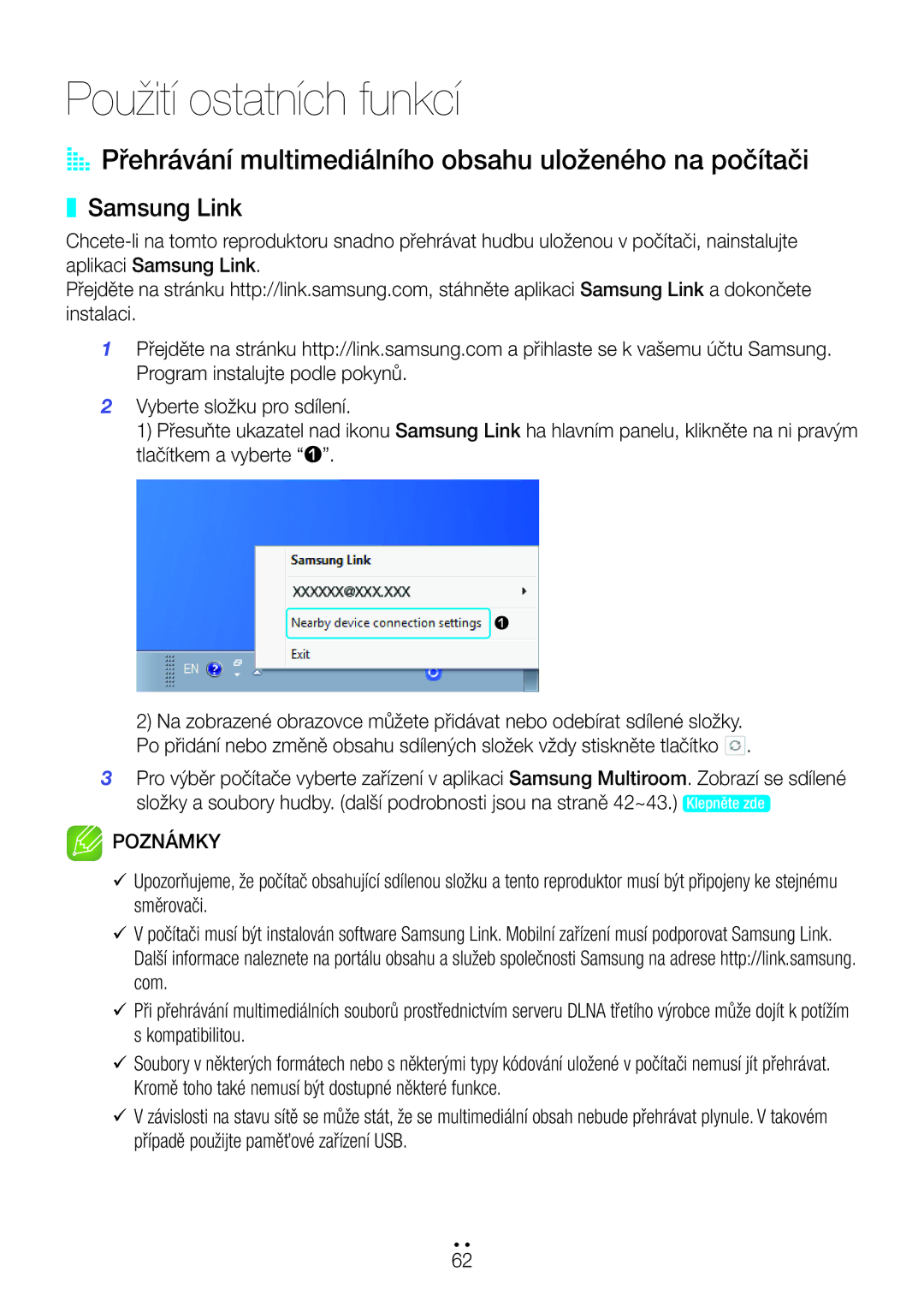 Samsung WAM751/EN manual Použití ostatních funkcí, AA Přehrávání multimediálního obsahu uloženého na počítači, Samsung Link 