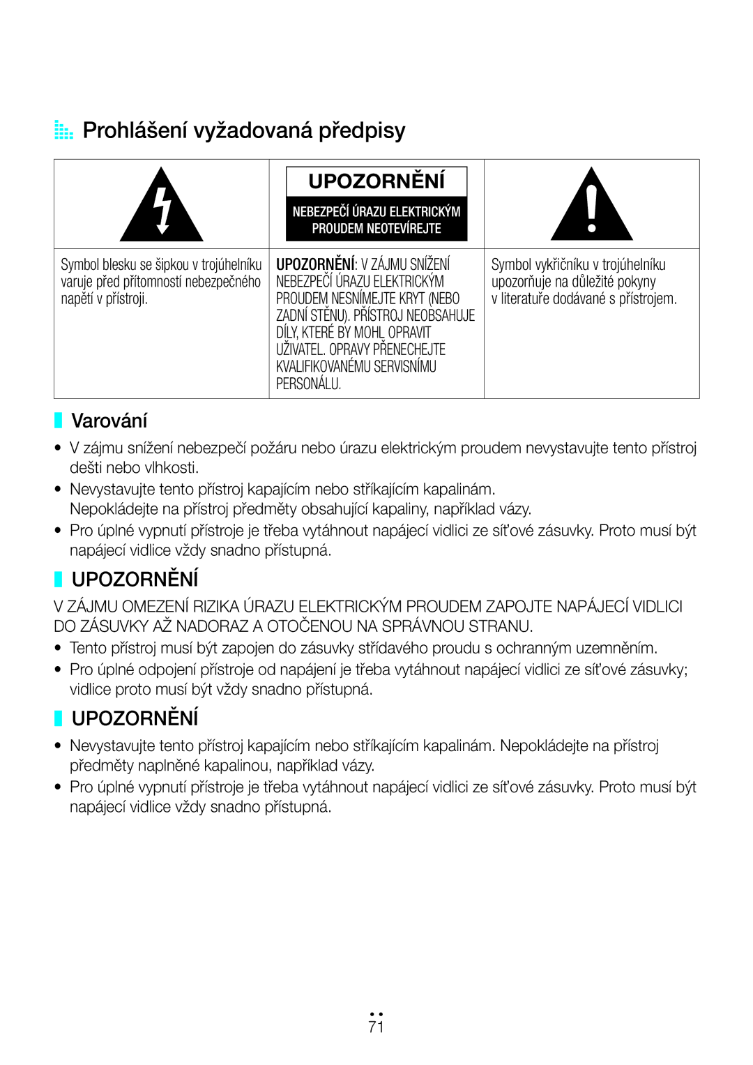 Samsung WAM551/EN, WAM351/EN, WAM751/EN, WAM550/EN, WAM350/EN AA Prohlášení vyžadovaná předpisy, Varování, Napětí v přístroji 