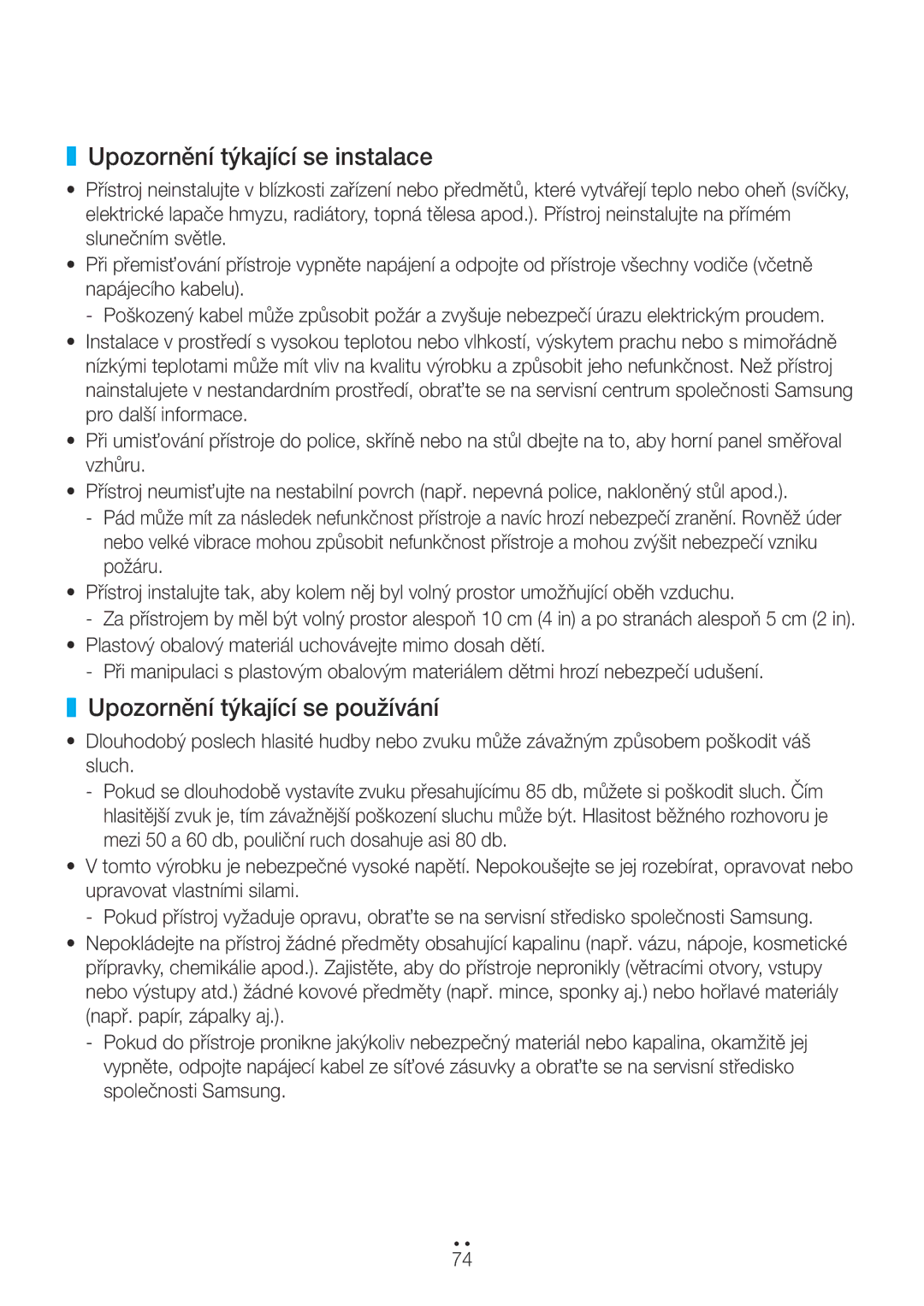 Samsung WAM350/EN, WAM351/EN, WAM551/EN, WAM751/EN manual Upozornění týkající se instalace, Upozornění týkající se používání 