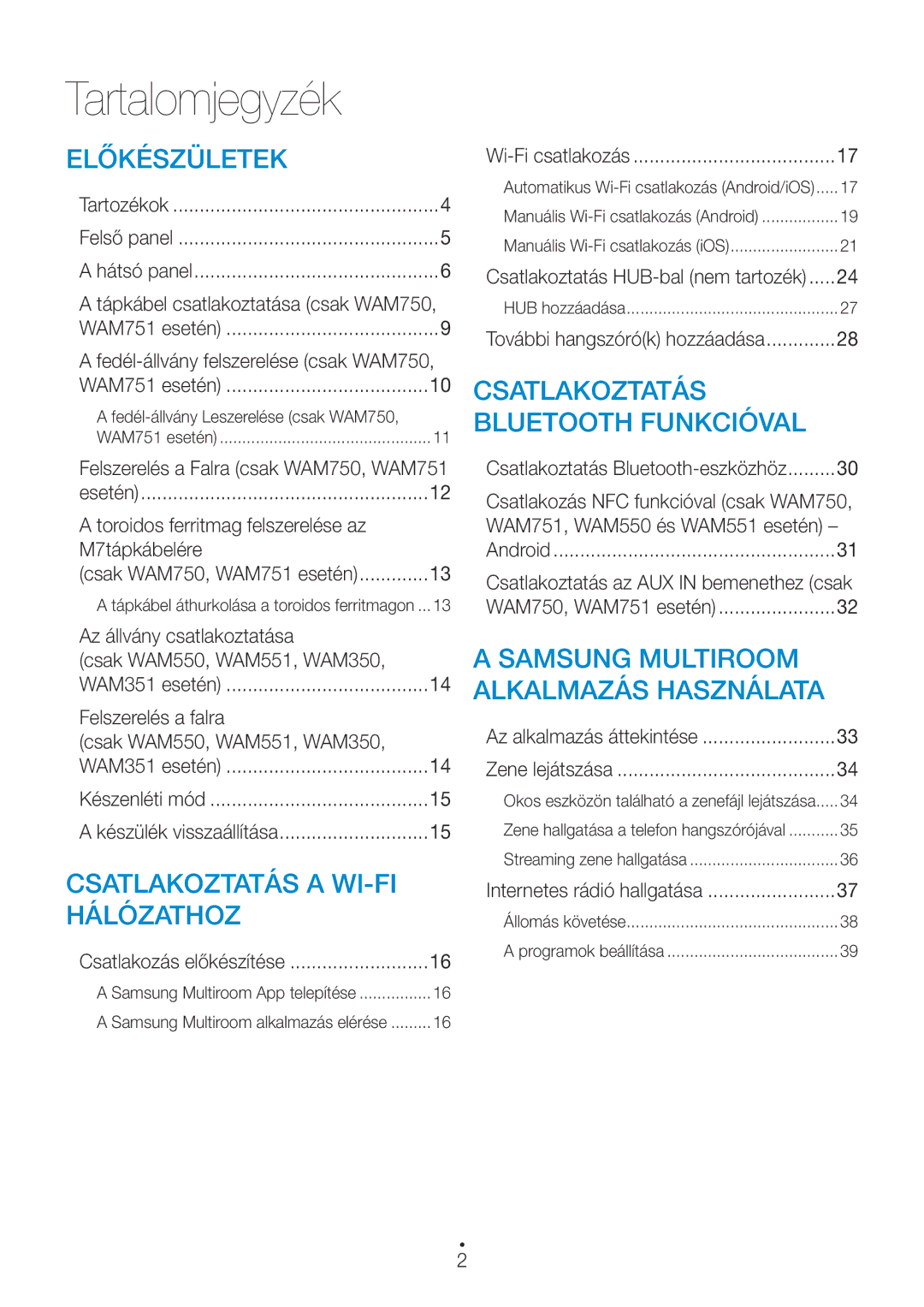 Samsung WAM751/EN, WAM351/EN, WAM551/EN, WAM550/EN, WAM350/EN, WAM750/EN, WAM750/XN, WAM550/XN, WAM551/XN manual Tartalomjegyzék 