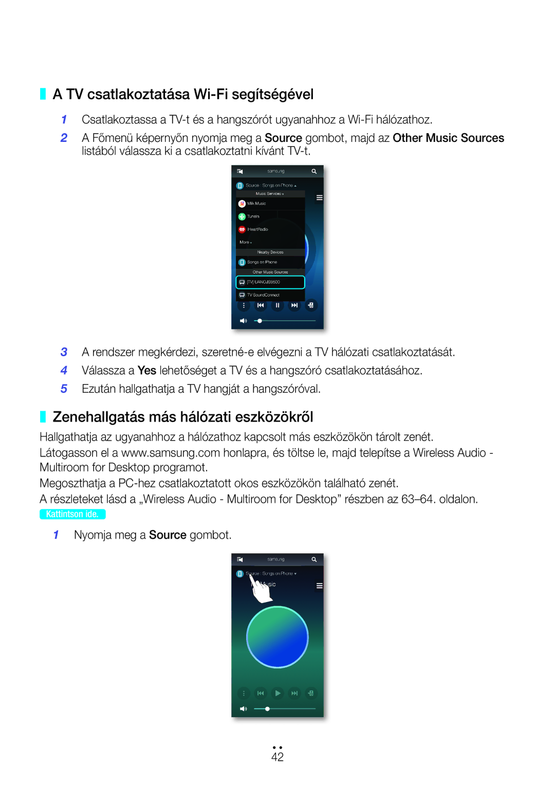 Samsung WAM750/XN, WAM351/EN, WAM551/EN manual TV csatlakoztatása Wi-Fi segítségével, Zenehallgatás más hálózati eszközökről 