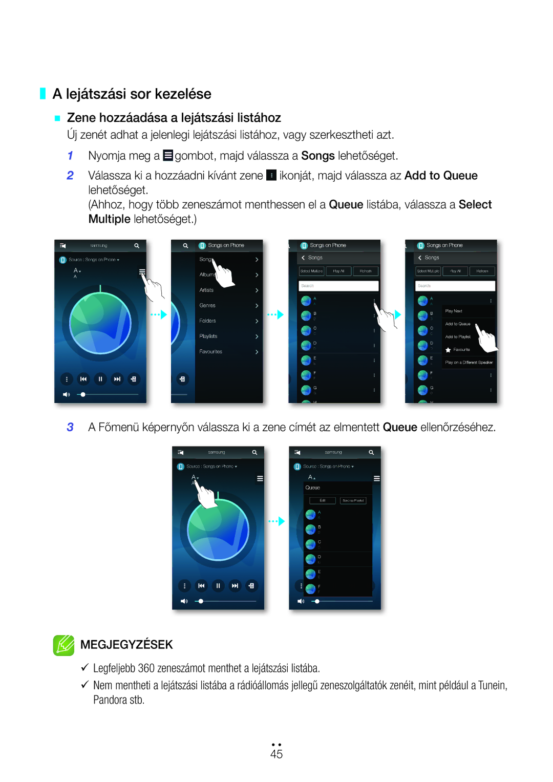 Samsung WAM351/XN, WAM351/EN, WAM551/EN, WAM751/EN manual Lejátszási sor kezelése, `` Zene hozzáadása a lejátszási listához 