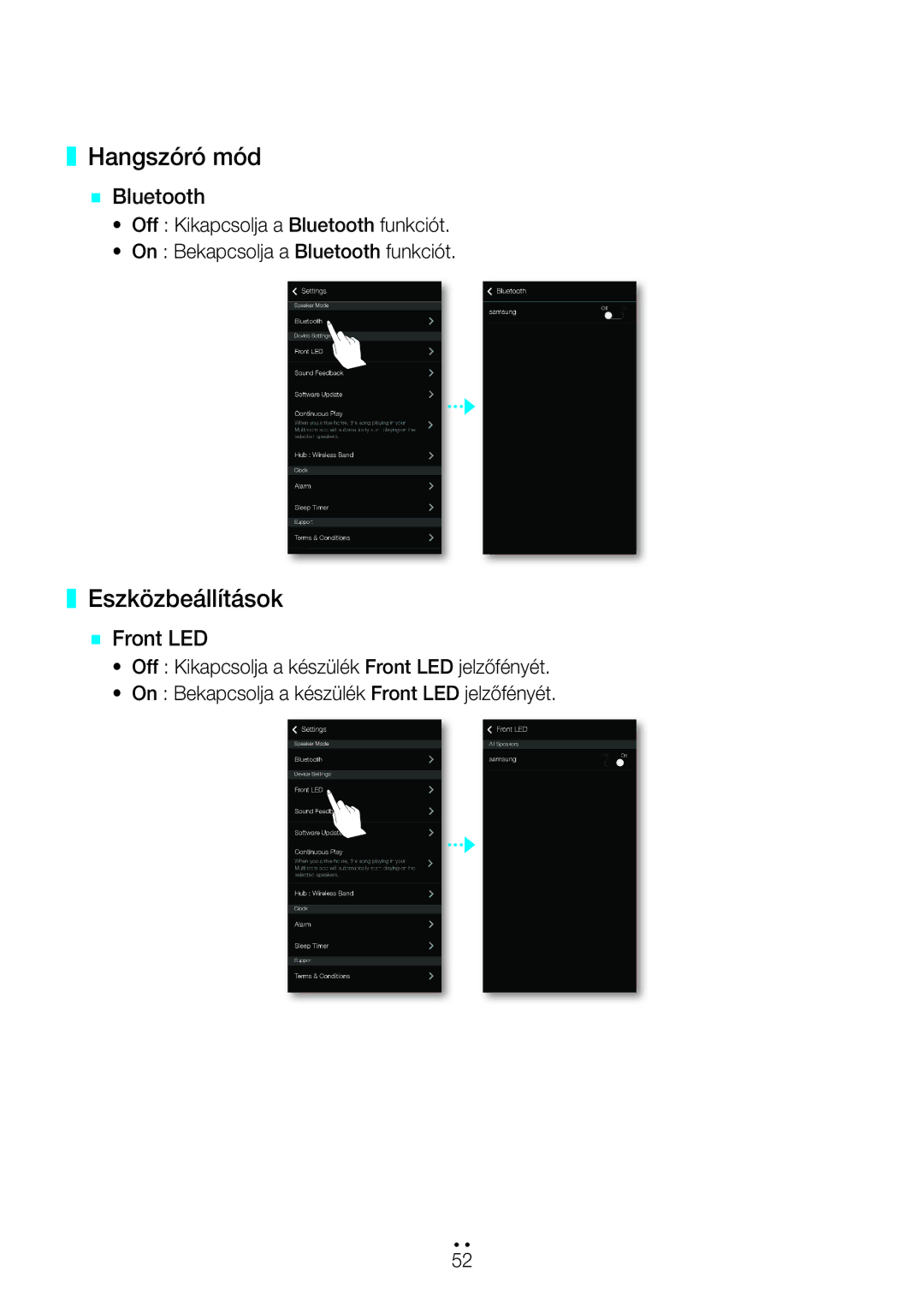 Samsung WAM350/EN, WAM351/EN, WAM551/EN, WAM751/EN, WAM550/EN Hangszóró mód, Eszközbeállítások, `` Bluetooth, `` Front LED 