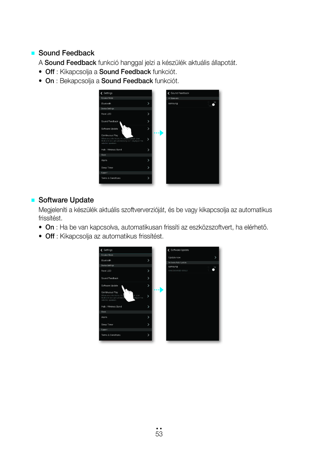 Samsung WAM750/EN, WAM351/EN, WAM551/EN, WAM751/EN, WAM550/EN, WAM350/EN, WAM750/XN manual `` Sound Feedback, `` Software Update 