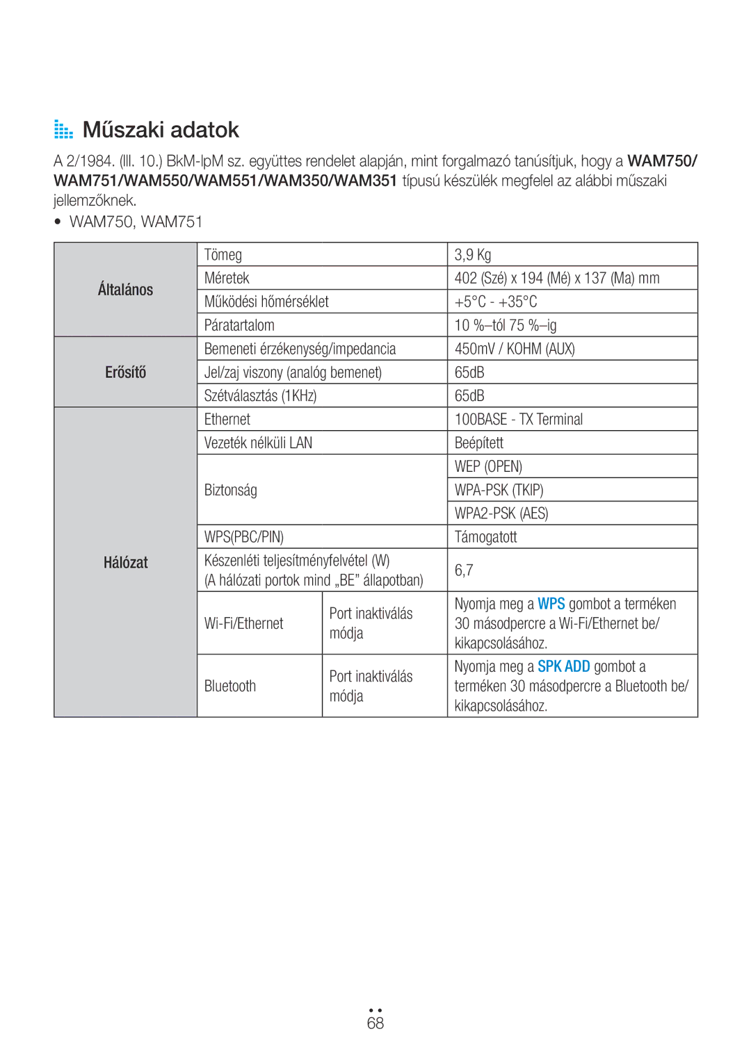 Samsung WAM551/XN, WAM351/EN, WAM551/EN, WAM751/EN, WAM550/EN, WAM350/EN, WAM750/EN, WAM750/XN AA Műszaki adatok, Wpspbc/Pin 