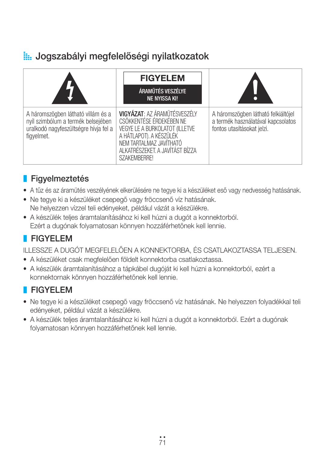 Samsung WAM751/XN, WAM351/EN, WAM551/EN, WAM751/EN, WAM550/EN manual AA Jogszabályi megfelelőségi nyilatkozatok, Figyelmeztetés 