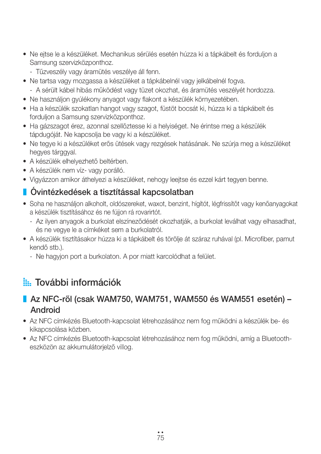 Samsung WAM550/EN, WAM351/EN, WAM551/EN, WAM751/EN manual AA További információk, Óvintézkedések a tisztítással kapcsolatban 