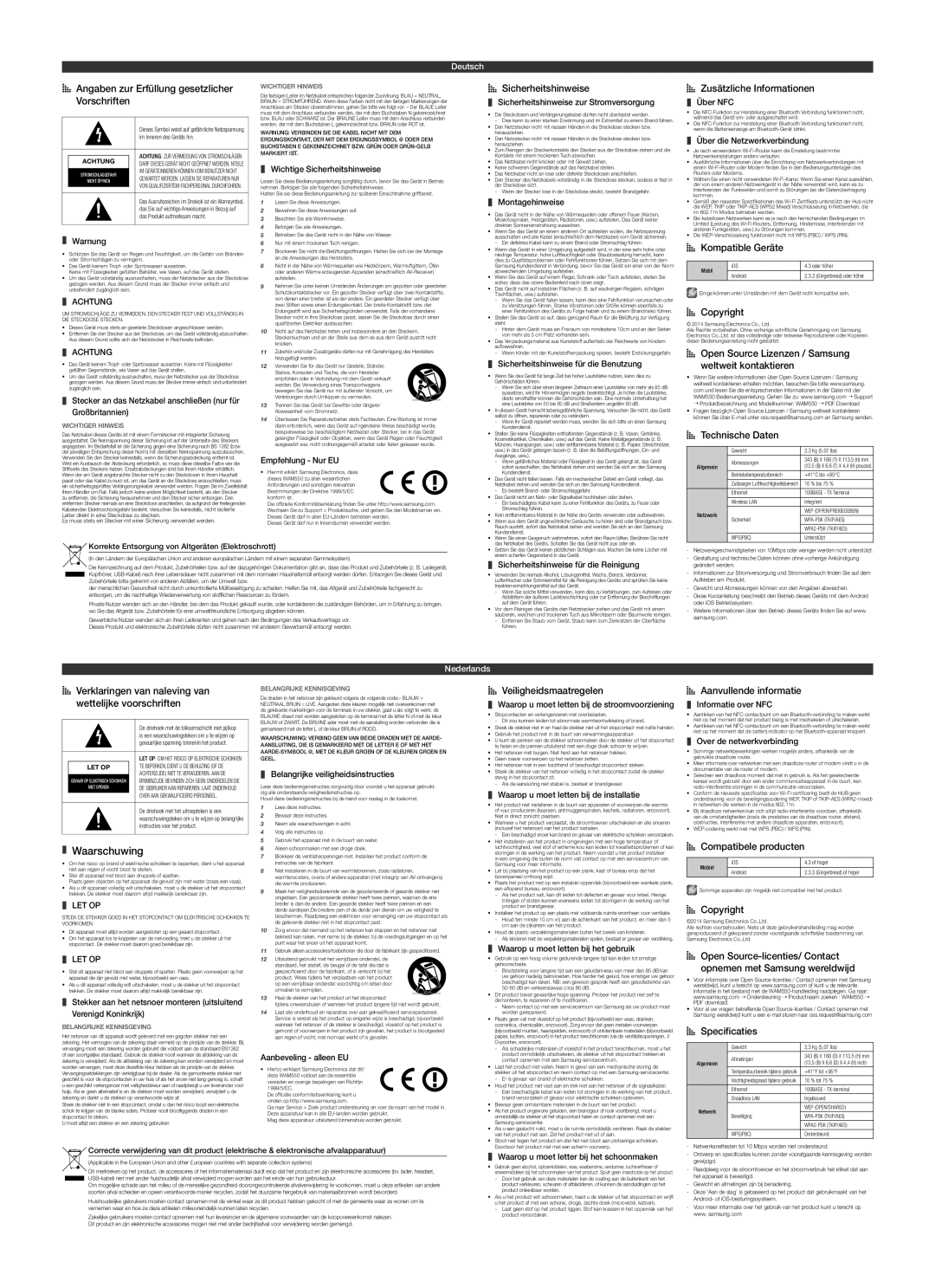 Samsung WAM551/ZF manual AA Sicherheitshinweise, AA Zusätzliche Informationen, AA Kompatible Geräte, Veiligheidsmaatregelen 