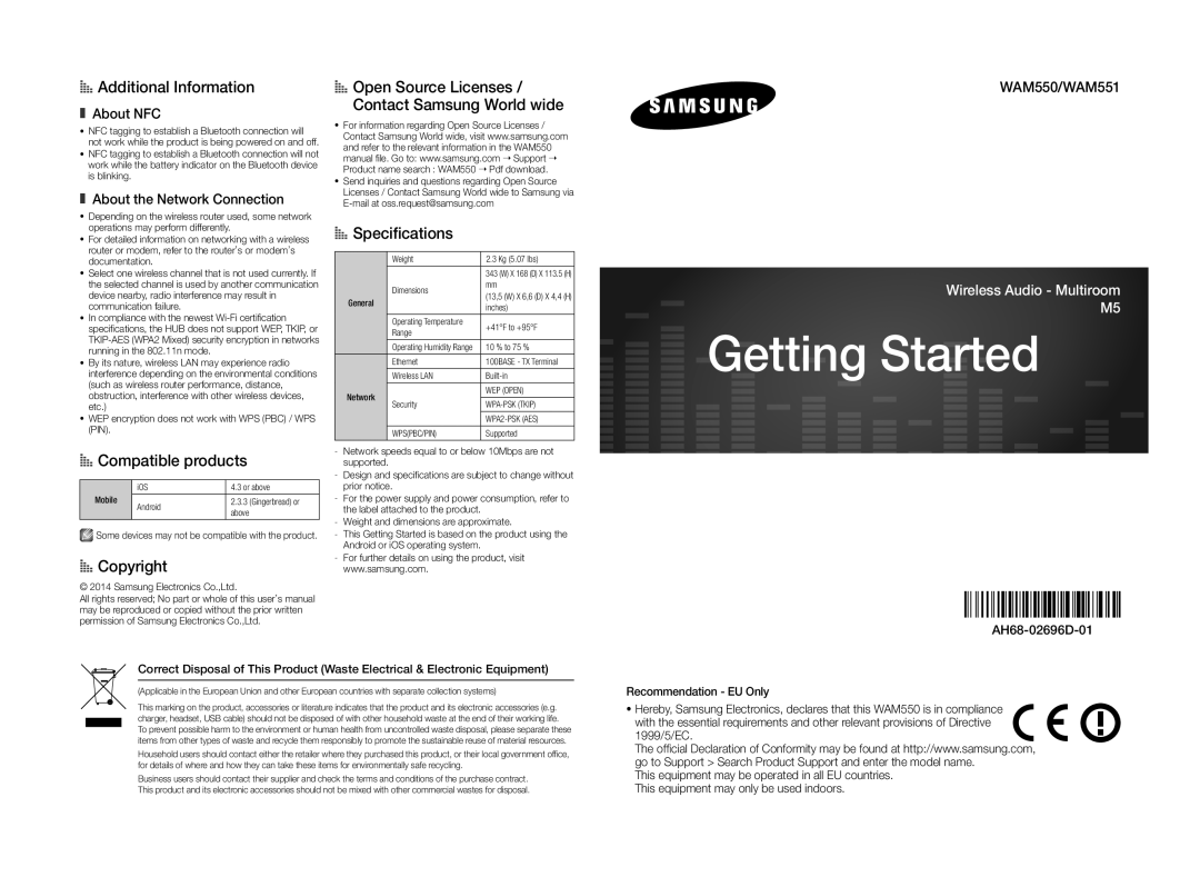 Samsung WAM550/EN, WAM551/EN manual AA Additional Information, AA Compatible products, AA Copyright, AASpeciﬁcations 