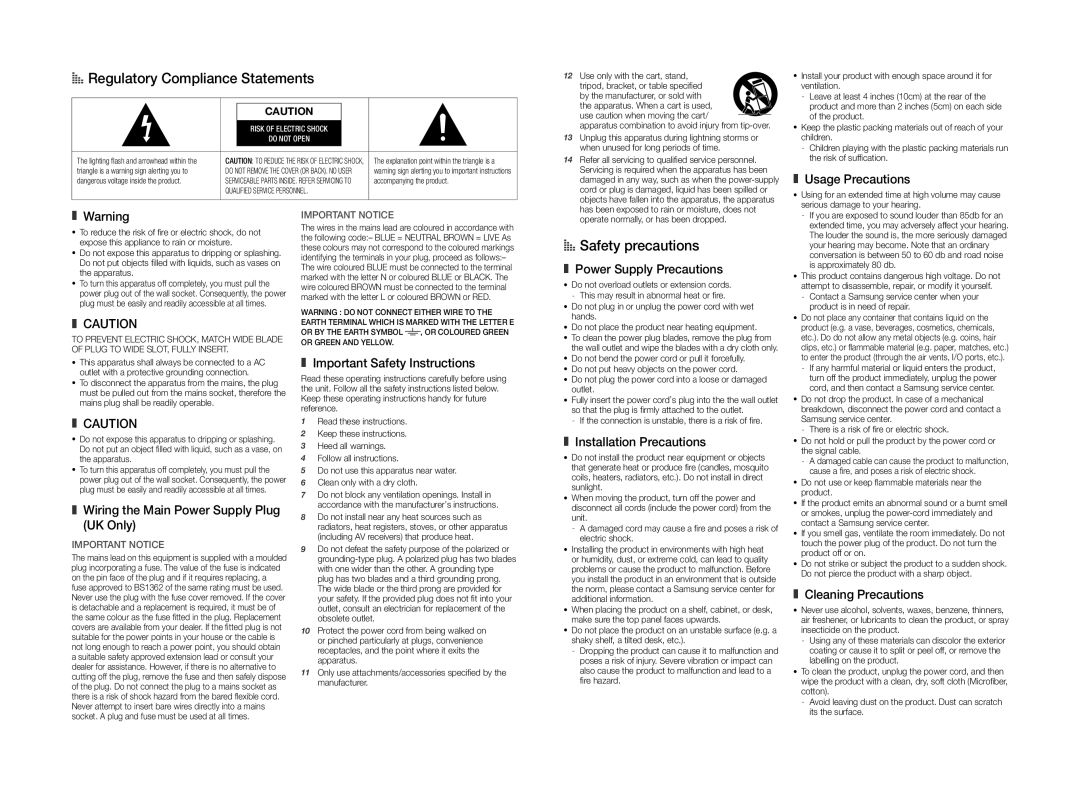 Samsung WAM551/ZF, WAM551/EN, WAM550/EN, WAM550/ZF, WAM550/XN manual AA Regulatory Compliance Statements, AA Safety precautions 