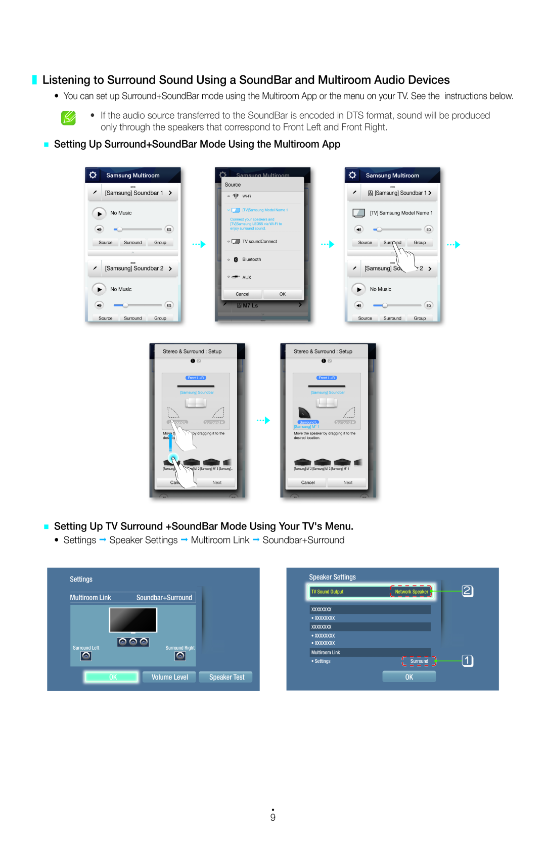 Samsung UA55HU7200RXSK `` Setting Up Surround+SoundBar Mode Using the Multiroom App, Settings, Multiroom Link, Source 