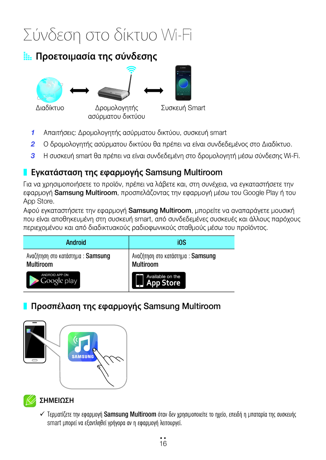 Samsung WAM551/EN, WAM751/EN, WAM550/EN, WAM750/EN AA Προετοιμασία της σύνδεσης, Εγκατάσταση της εφαρμογής Samsung Multiroom 