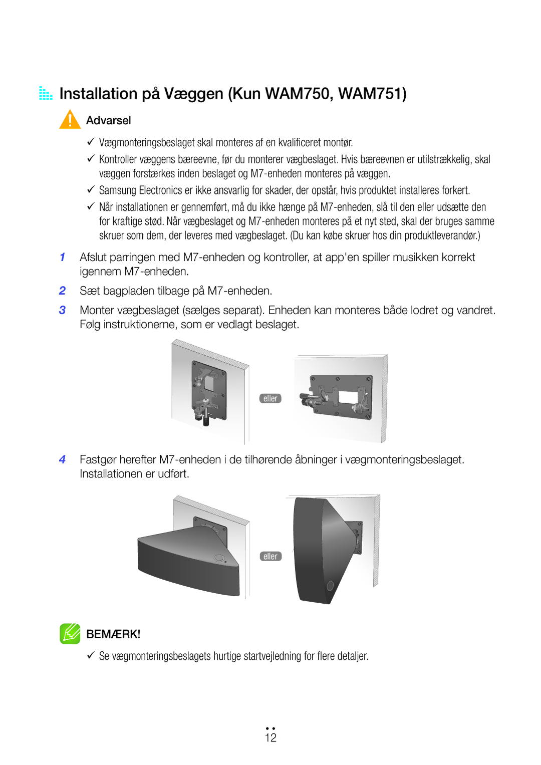 Samsung WAM551/XU, WAM551/XN, WAM551/XE, WAM751/XE, WAM550/XE, WAM351/XE manual AA Installation på Væggen Kun WAM750, WAM751 