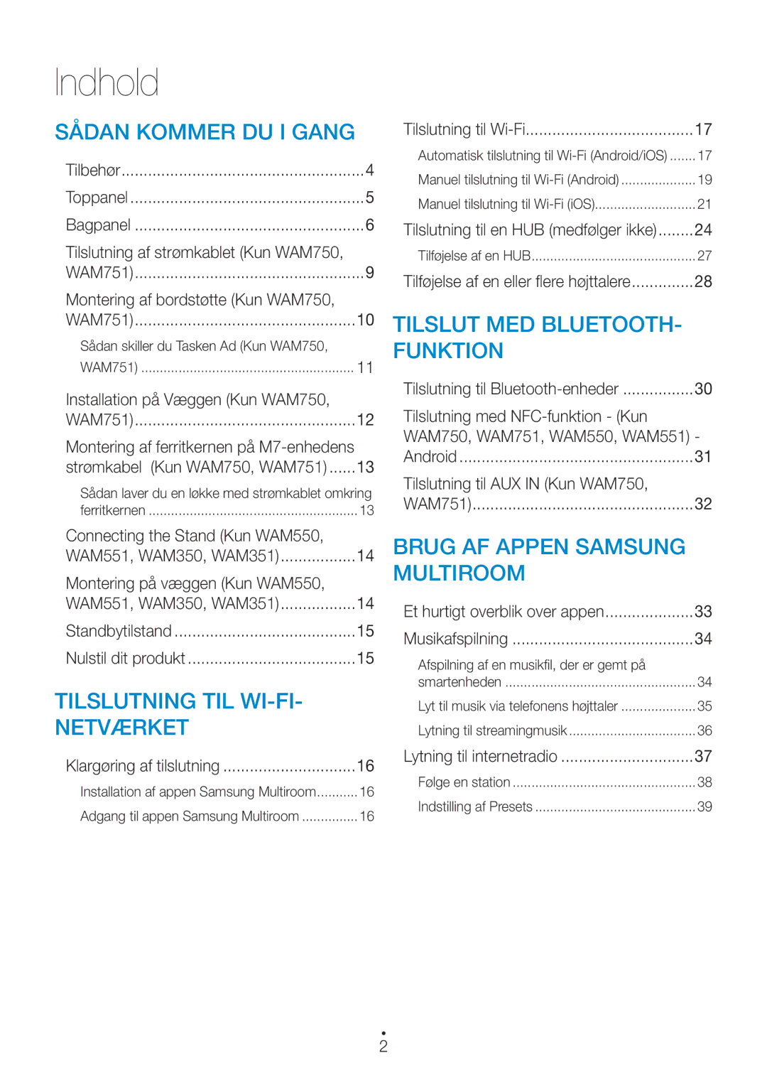 Samsung WAM751/XE, WAM551/XN, WAM551/XE, WAM550/XE, WAM551/XU, WAM351/XE, WAM350/XE, WAM750/XE manual Indhold 