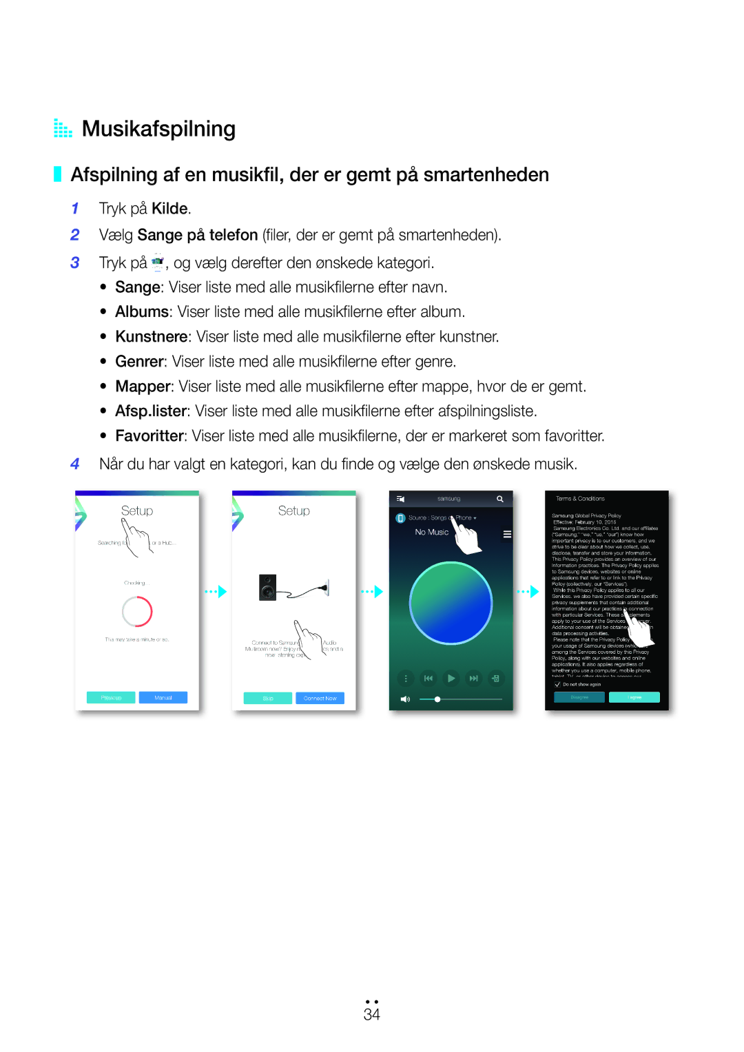 Samsung WAM751/XE, WAM551/XN, WAM551/XE manual AA Musikafspilning, Afspilning af en musikfil, der er gemt på smartenheden 