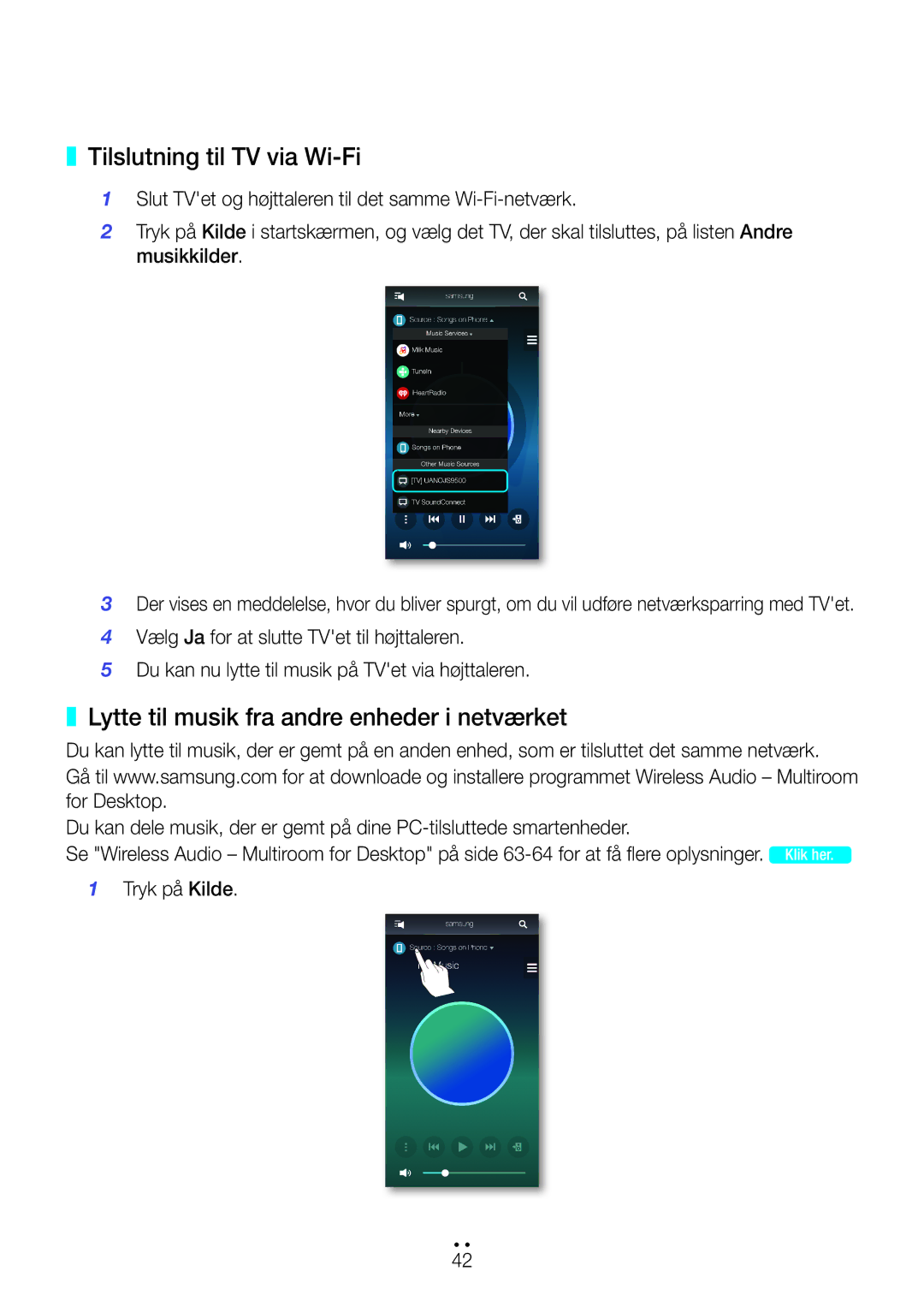 Samsung WAM751/XE, WAM551/XN, WAM551/XE manual Tilslutning til TV via Wi-Fi, Lytte til musik fra andre enheder i netværket 
