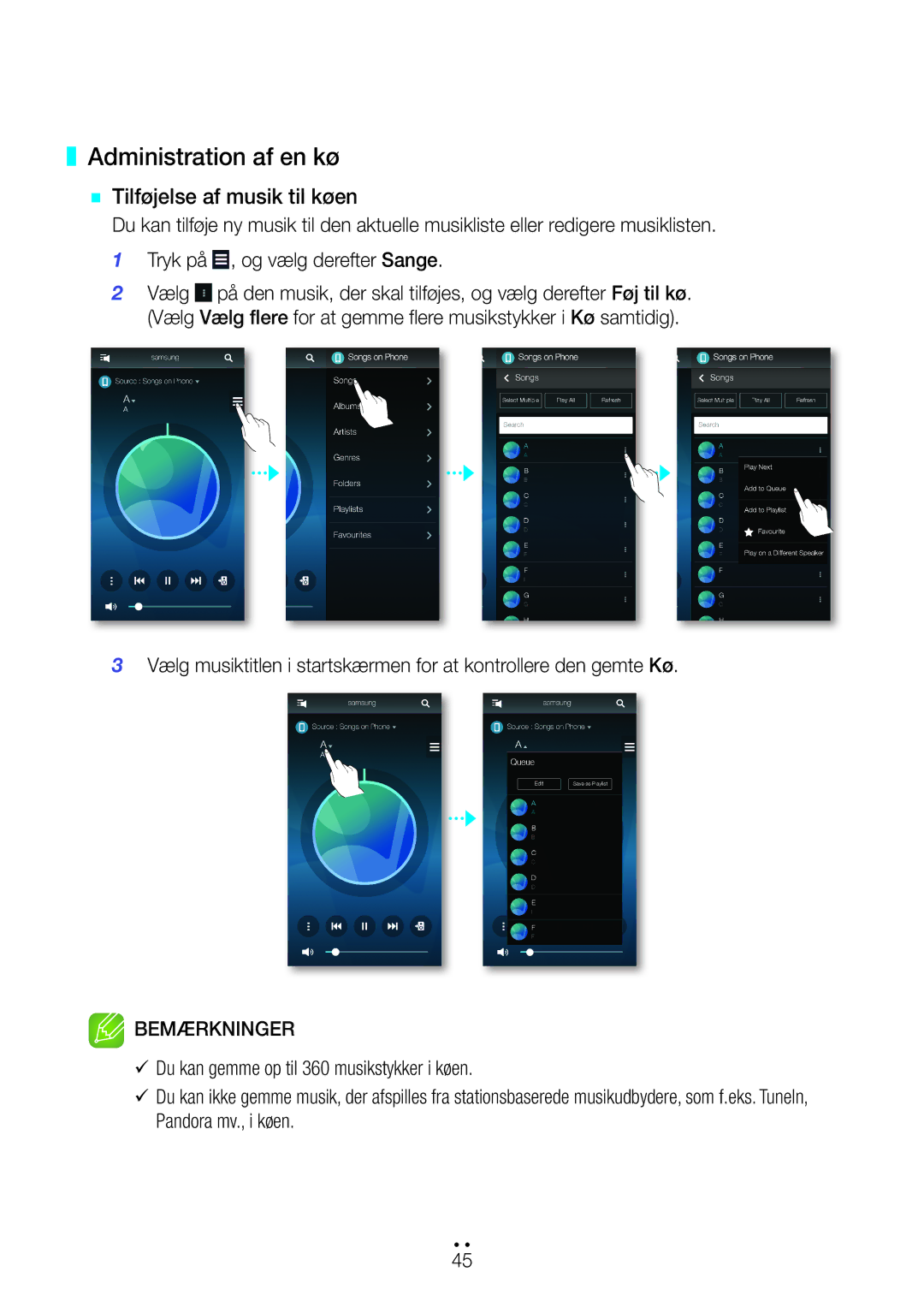 Samsung WAM351/XE, WAM551/XN, WAM551/XE, WAM751/XE, WAM550/XE manual Administration af en kø `` Tilføjelse af musik til køen 