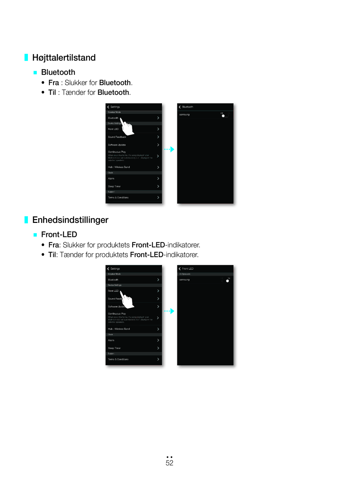 Samsung WAM551/XU, WAM551/XN, WAM551/XE, WAM751/XE manual Højttalertilstand, Enhedsindstillinger, `` Bluetooth, `` Front-LED 