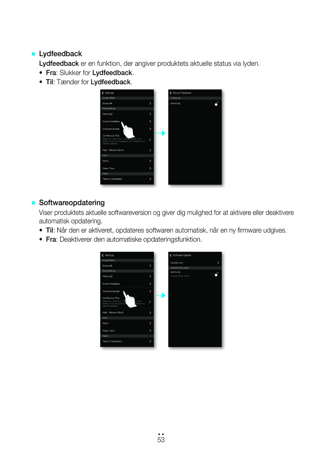 Samsung WAM351/XE, WAM551/XN, WAM551/XE, WAM751/XE, WAM550/XE, WAM551/XU, WAM350/XE manual `` Lydfeedback, `` Softwareopdatering 