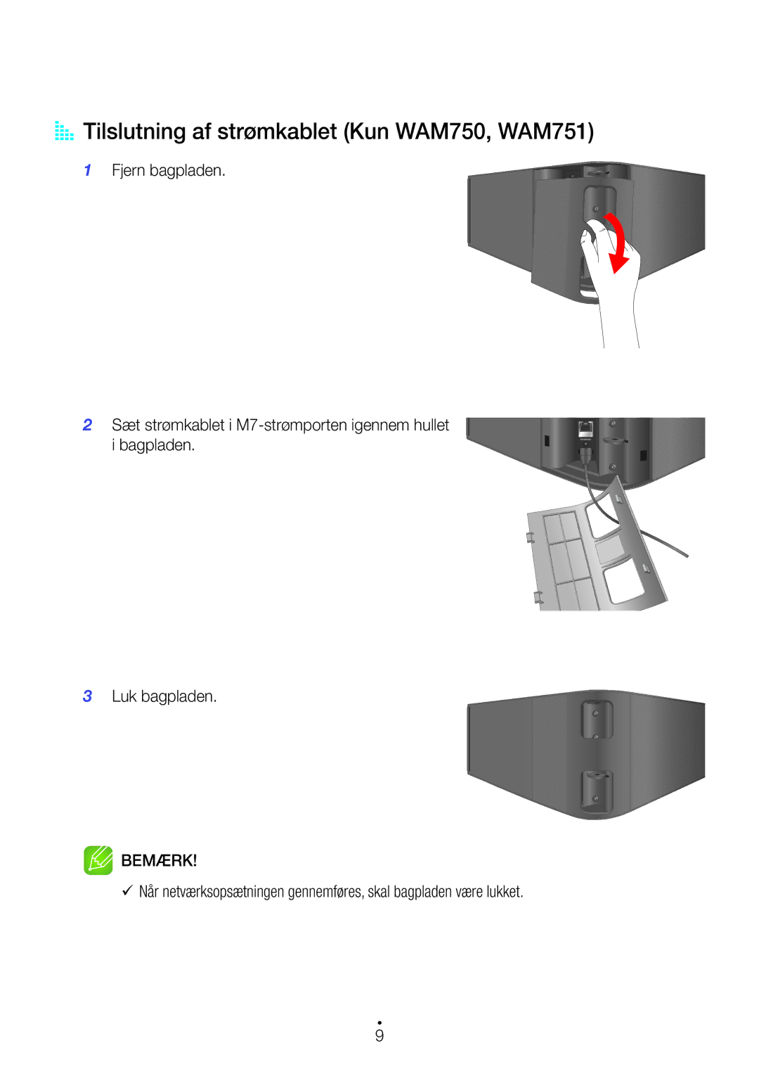 Samsung WAM551/XE, WAM551/XN, WAM751/XE AA Tilslutning af strømkablet Kun WAM750, WAM751, Fjern bagpladen, Luk bagpladen 