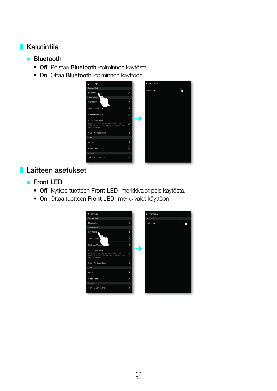 Samsung WAM551/XU, WAM551/XN, WAM551/XE, WAM751/XE, WAM550/XE Kaiutintila, Laitteen asetukset, `` Bluetooth, `` Front LED 