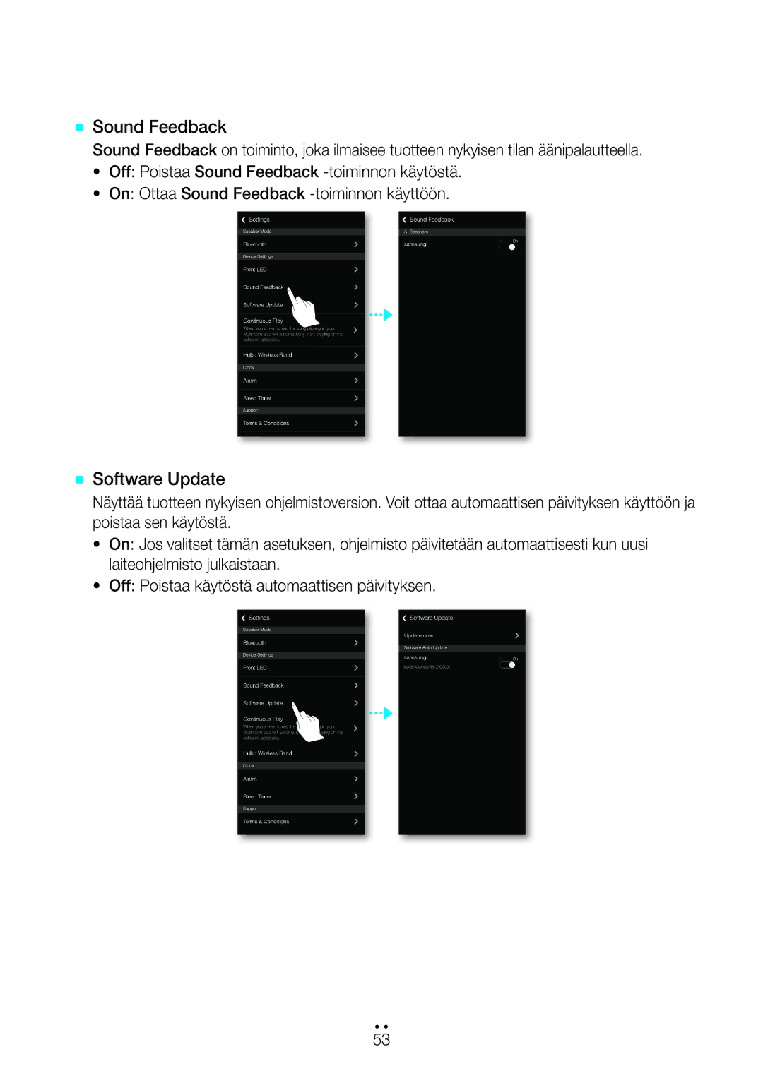 Samsung WAM351/XE, WAM551/XN, WAM551/XE, WAM751/XE, WAM550/XE, WAM551/XU, WAM350/XE manual `` Sound Feedback, `` Software Update 