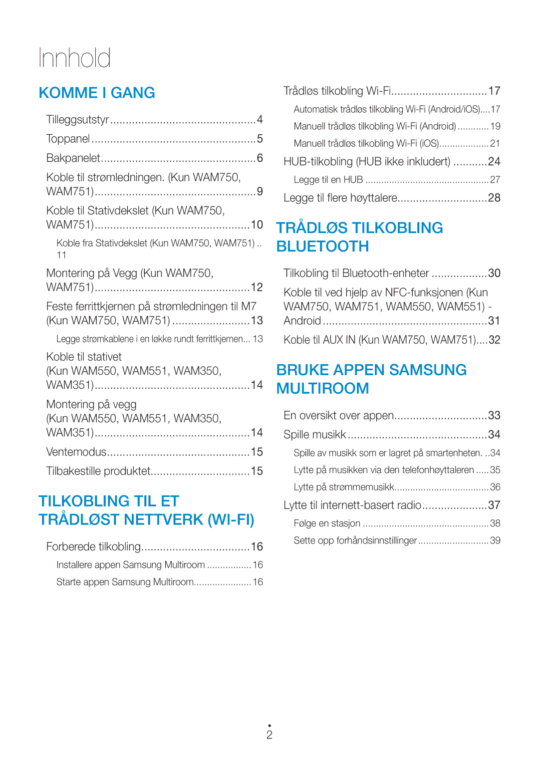 Samsung WAM751/XE, WAM551/XN, WAM551/XE, WAM550/XE, WAM551/XU, WAM351/XE, WAM350/XE, WAM750/XE manual Innhold 