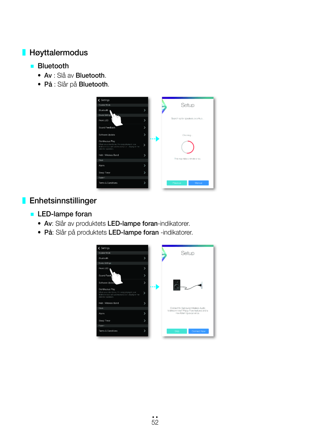 Samsung WAM551/XU, WAM551/XN, WAM551/XE, WAM751/XE Høyttalermodus, Enhetsinnstillinger, `` Bluetooth, `` LED-lampe foran 