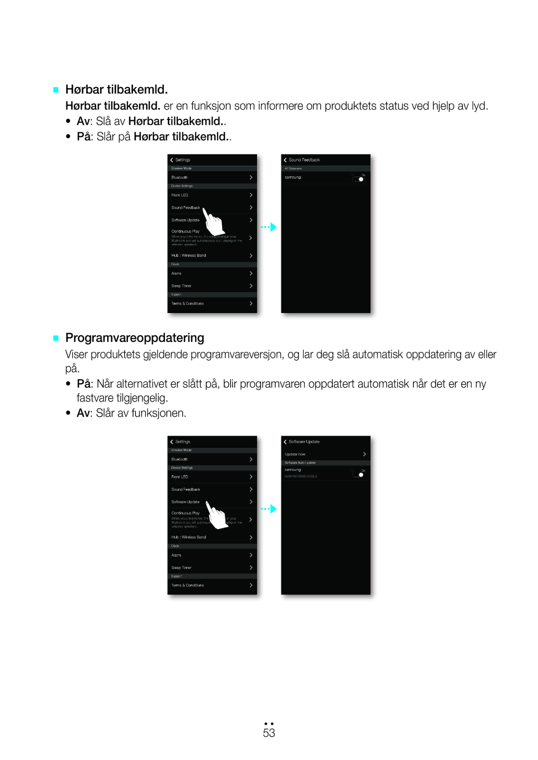 Samsung WAM351/XE, WAM551/XN, WAM551/XE, WAM751/XE, WAM550/XE, WAM551/XU manual `` Hørbar tilbakemld, `` Programvareoppdatering 