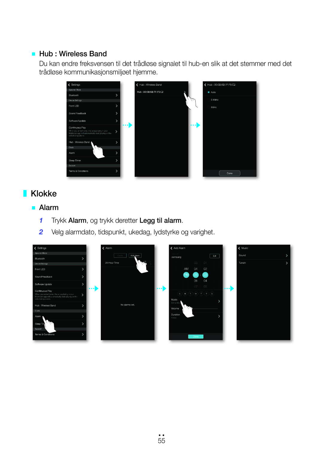 Samsung WAM750/XE, WAM551/XN, WAM551/XE, WAM751/XE, WAM550/XE, WAM551/XU, WAM351/XE manual Klokke, `` Hub Wireless Band, `` Alarm 