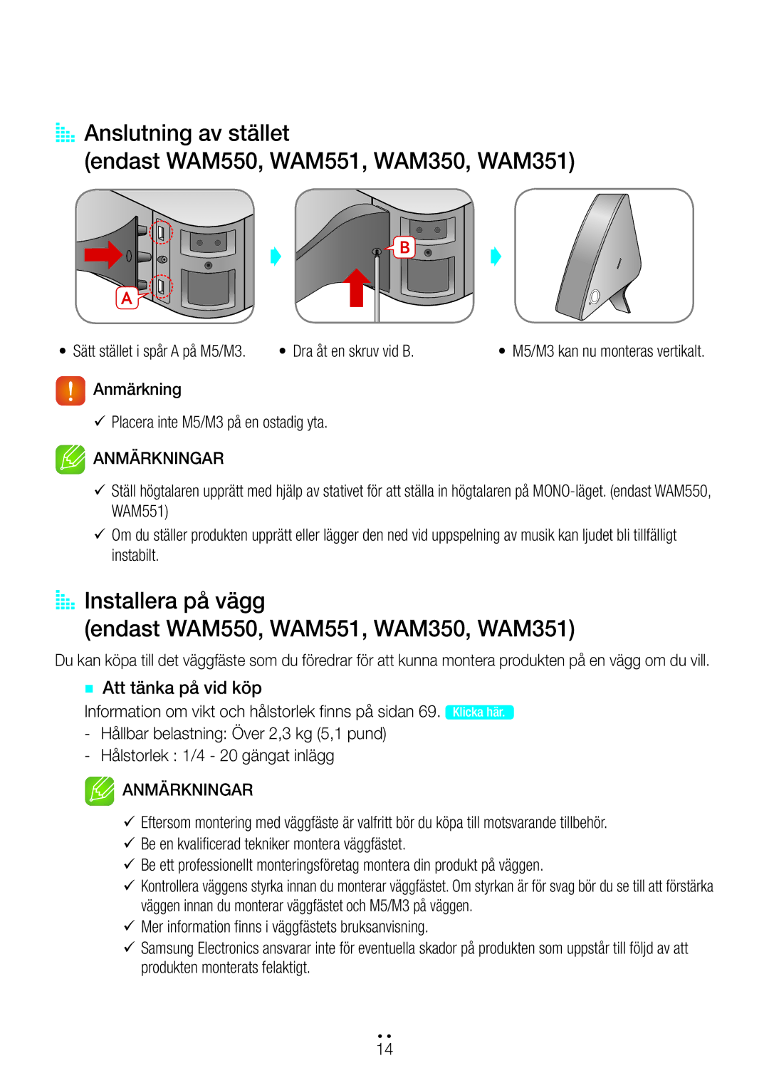 Samsung WAM350/XE, WAM551/XN manual AA Installera på vägg Endast WAM550, WAM551, WAM350, WAM351, `` Att tänka på vid köp 